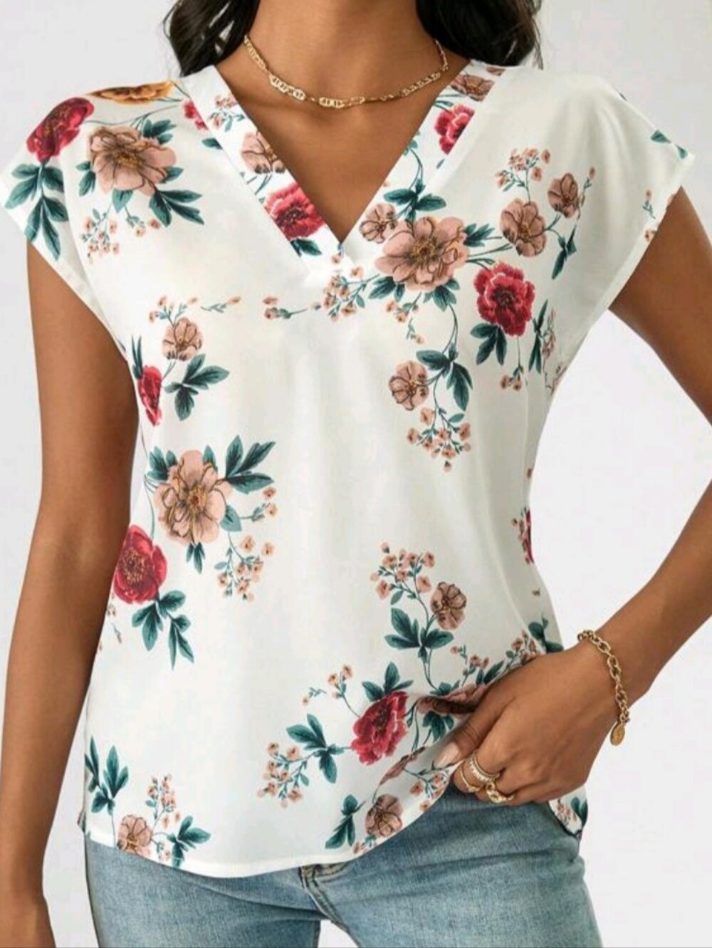 Floral V-Neck Blouse- White with Multicolor Flowers Elegant Semi-Sheer